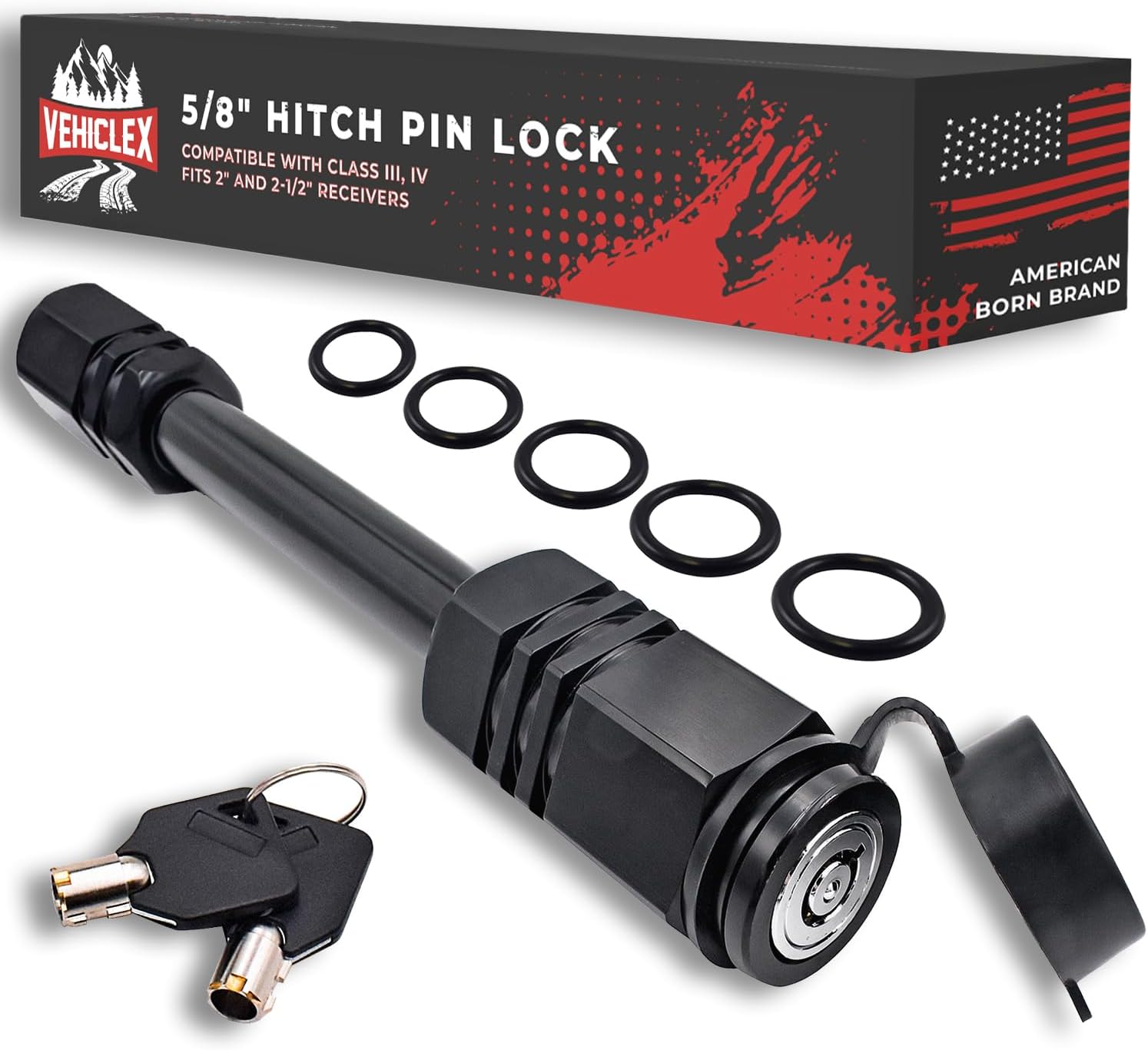 Vehiclex Trailer Hitch Pin Lock for 2" Receiver Secure 5/8" Locking Pin for Class III, IV Hitch with Exclusive Tubular Key, Built Tough for Dust, Mud, and Thieves