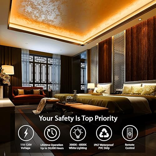 Miniatura 4 de WYZworks Tira de luces LED planas, 50 pies, 2 en 1, blanco cálido y blanco frío, iluminación regulable flexible con control remoto, temporizador,