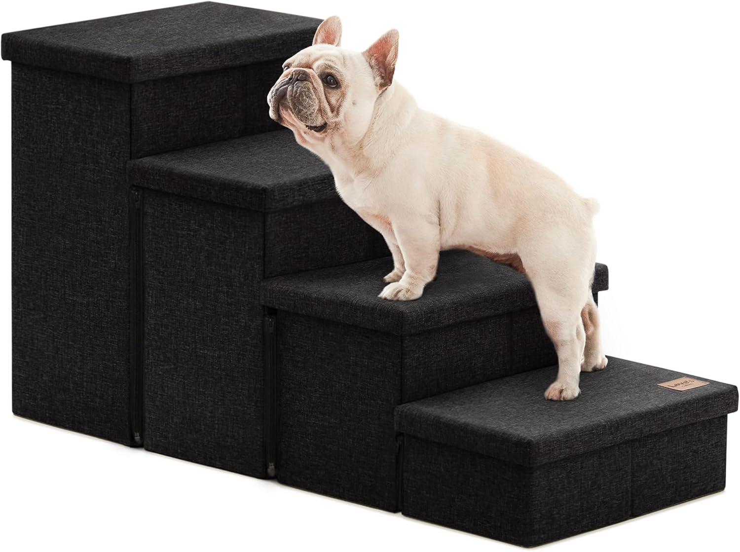 Love's cabin Dog Stairs for Small Medium or Large Dogs with Storage and Adjustable Steps, Foldable Cat Steps for Bed or Couch, 4-Step Black Folding Ramp with Zip up to 200 lbs, Black Black 4-Stairs-Storage