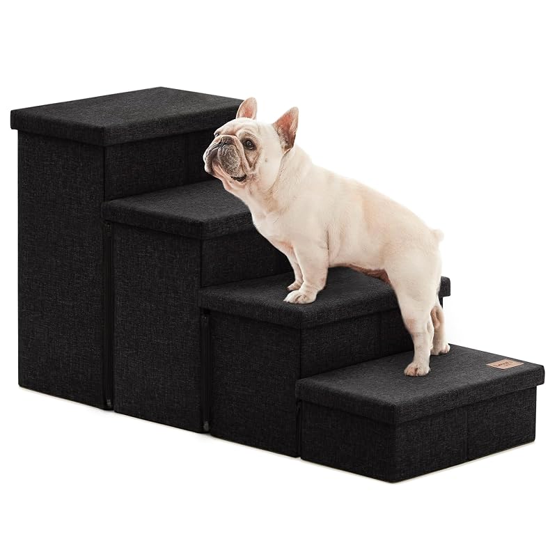 Escada dobrável para cães e gatos com 4 degraus e compartimentos Love's cabin, preta, 95 x 43,2 x 54,1 cm