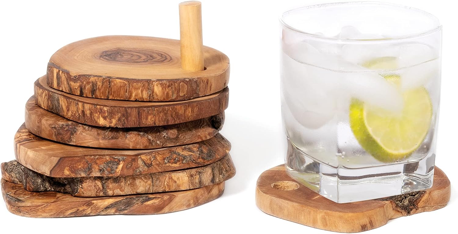 Lipper International Olive Wood Round Drink Coasters, 4.5" Diameter, Set of 6 with Holder