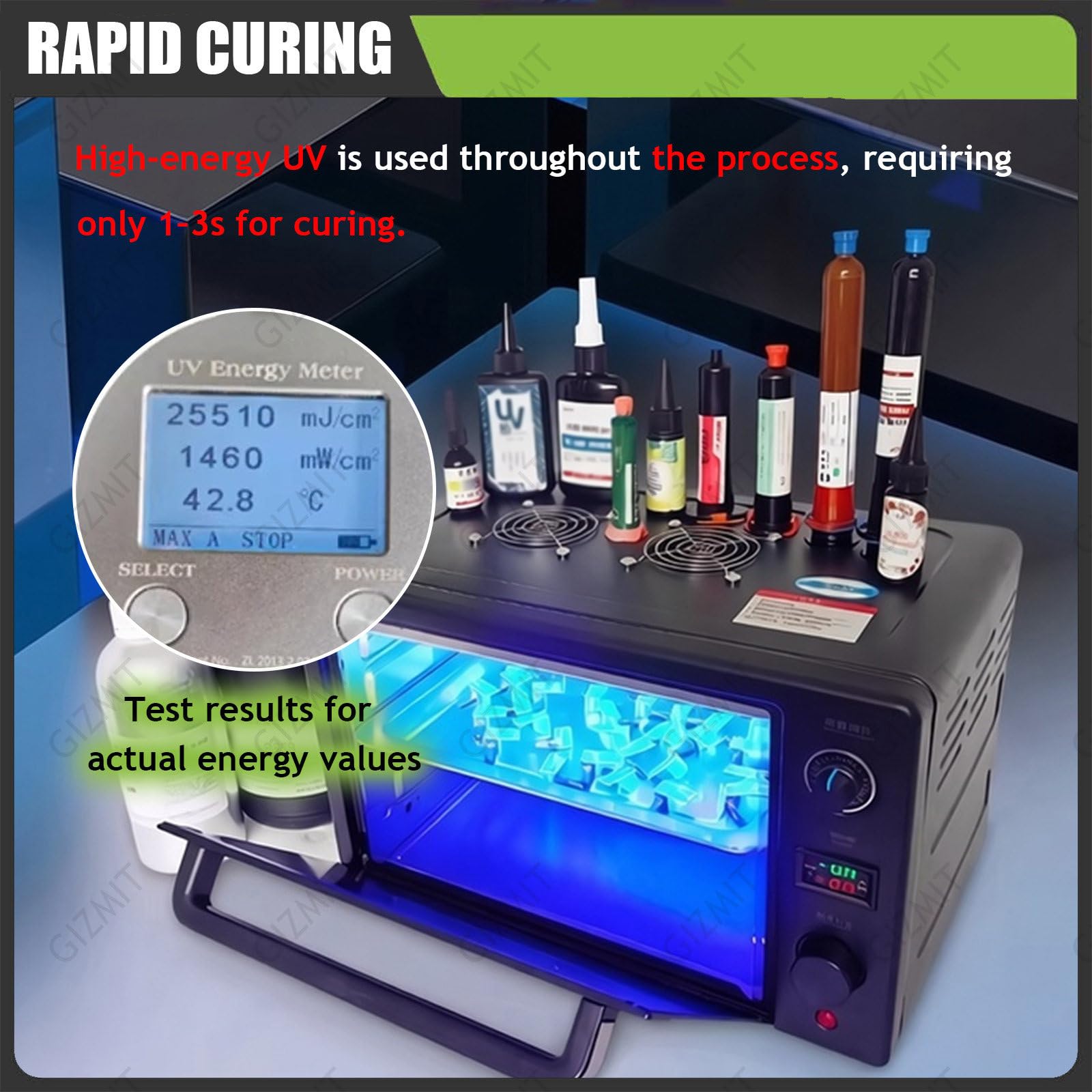 Komora do utwardzania żywicy, komora UV do żywicy, lampa UV do utwardzania, 10-krotnie wyższa skuteczność świetlna, cyfrowy timer LCD, regulowana długość fali 365–400 nm 300W