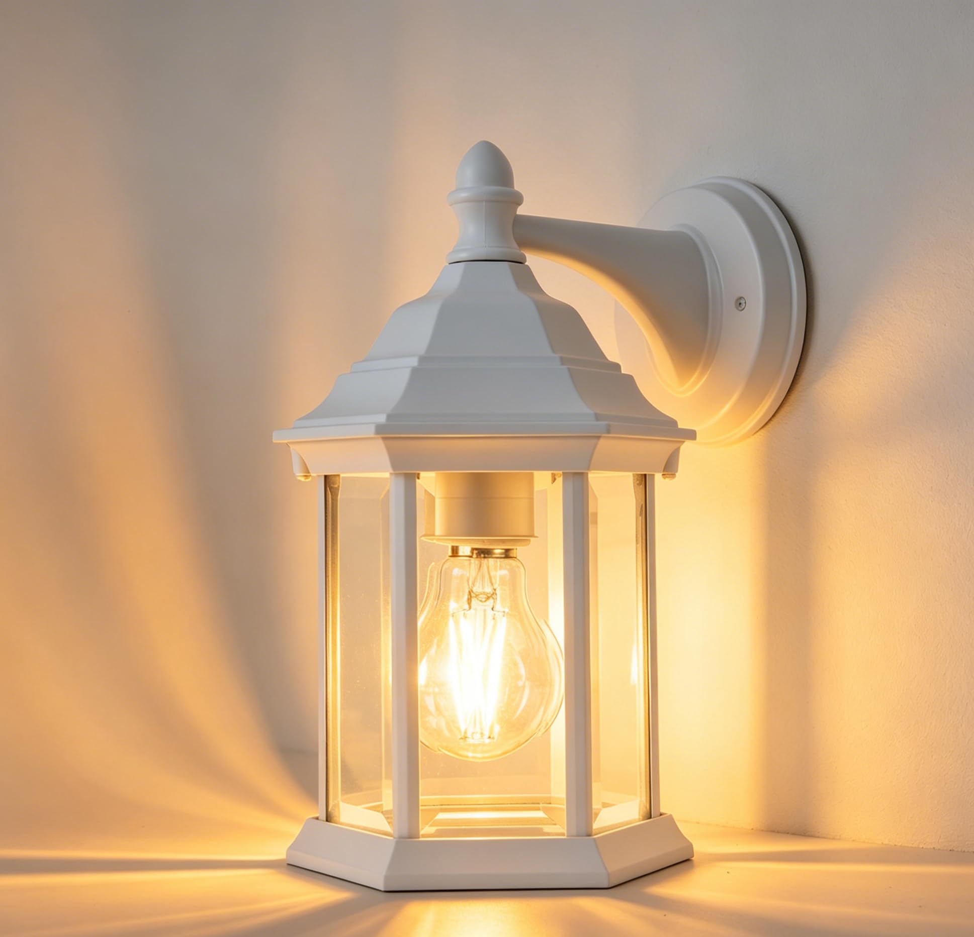 LUTEC 6 Side Outdoor Wall Lights with Clear Glass, E27 Wall Light Lantern Sconce(Bulbs Not Included), IP44 Waterproof,Aluminium Garden Decorative Lamp for Porch, Backyard, Patio, House, Garage,White