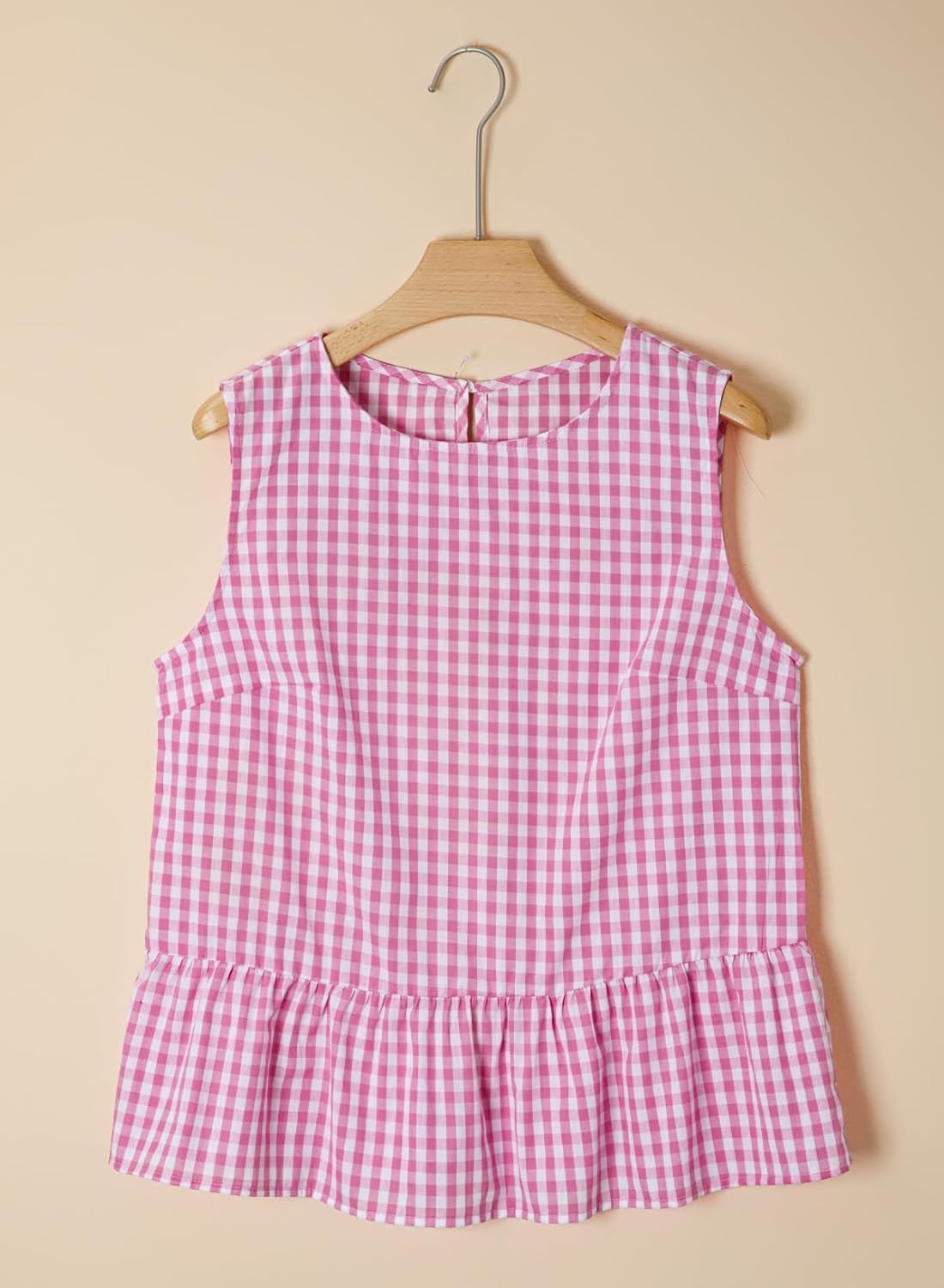 BLENCOT Women Gingham Sleeveless Shirts Ruffle Round Neck Peplum Tank Tops Business Casual Dressy Blouses - Image 6