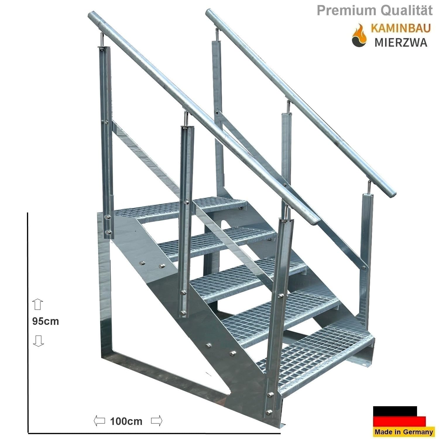Premium Treppe Freistehend 5 Stufen beidseitigem Geländer (Breite 1000 mm) (Höhe 95cm) Wetterfest Gitterroststufe Gartentreppe