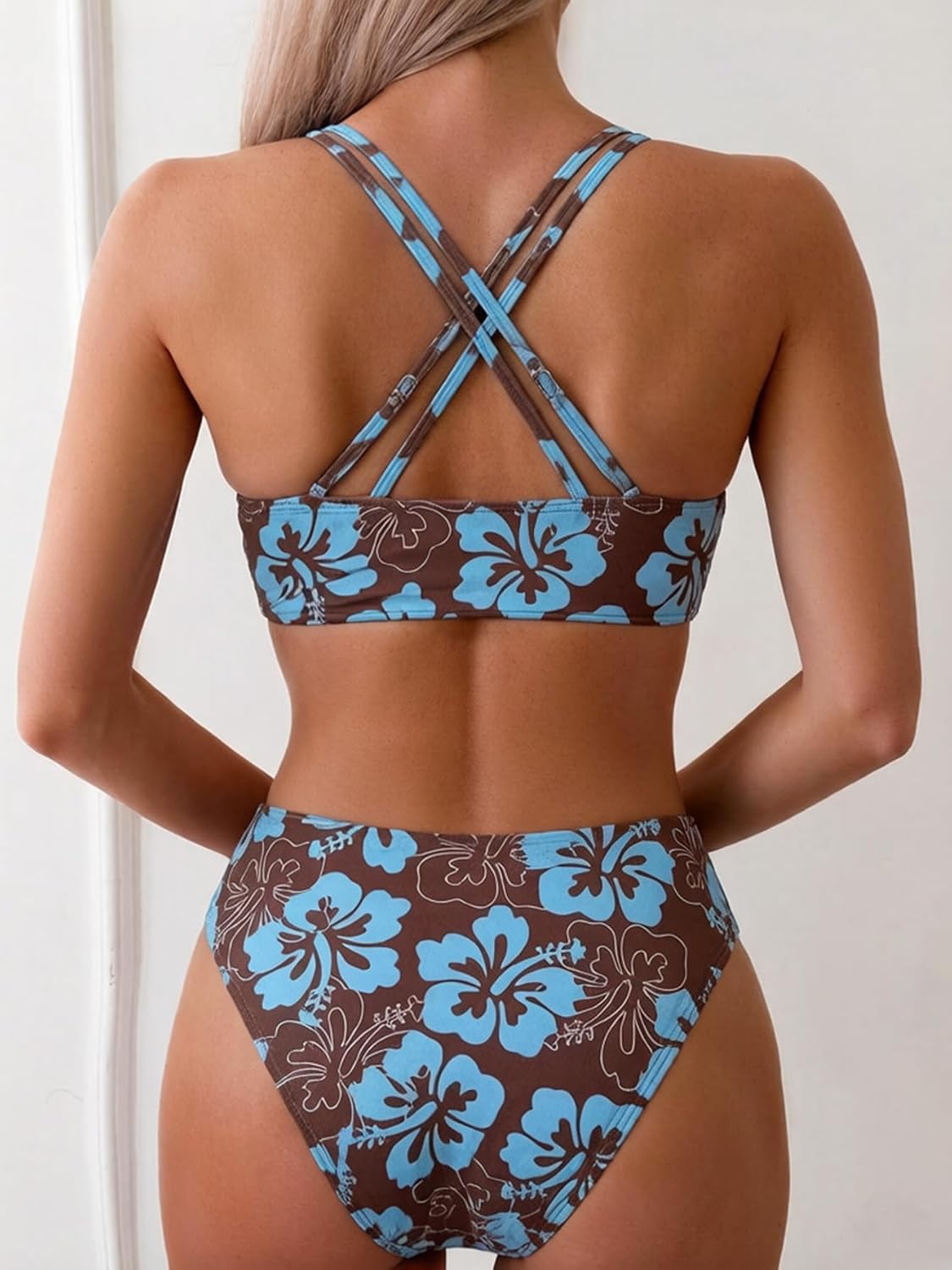 Tainehs Women's Push Up V Neck Bikini Sets Criss Cross Back Two Piece Bathing Suit