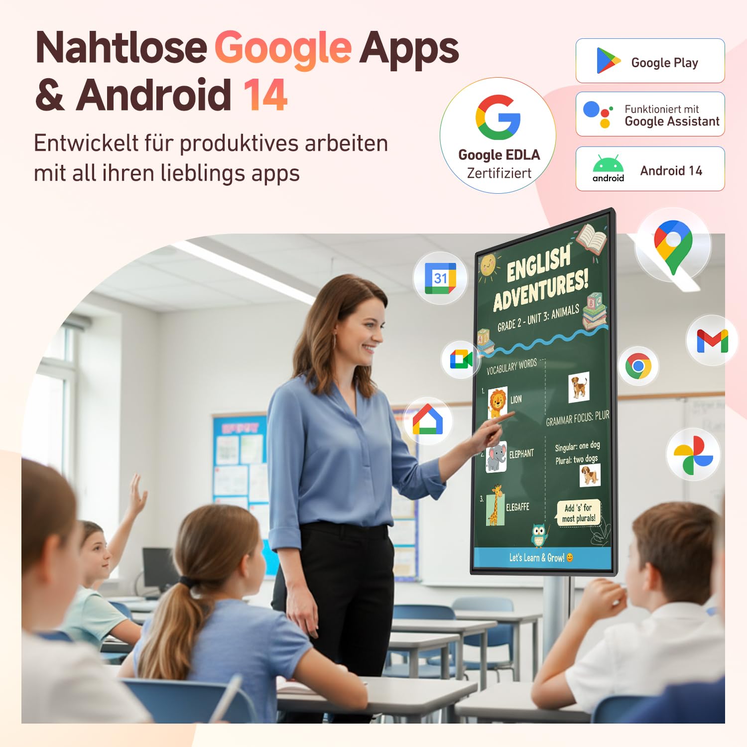 JAV Interaktives Whiteboard Smart Board 43 Zoll Android 14 Google EDLA Zertifiziert Drehbares Smart Screen 8+128 GB Digitales Whiteboard für Live Streaming Büro Klassenzimmer (Inklusive Wandhalterung)