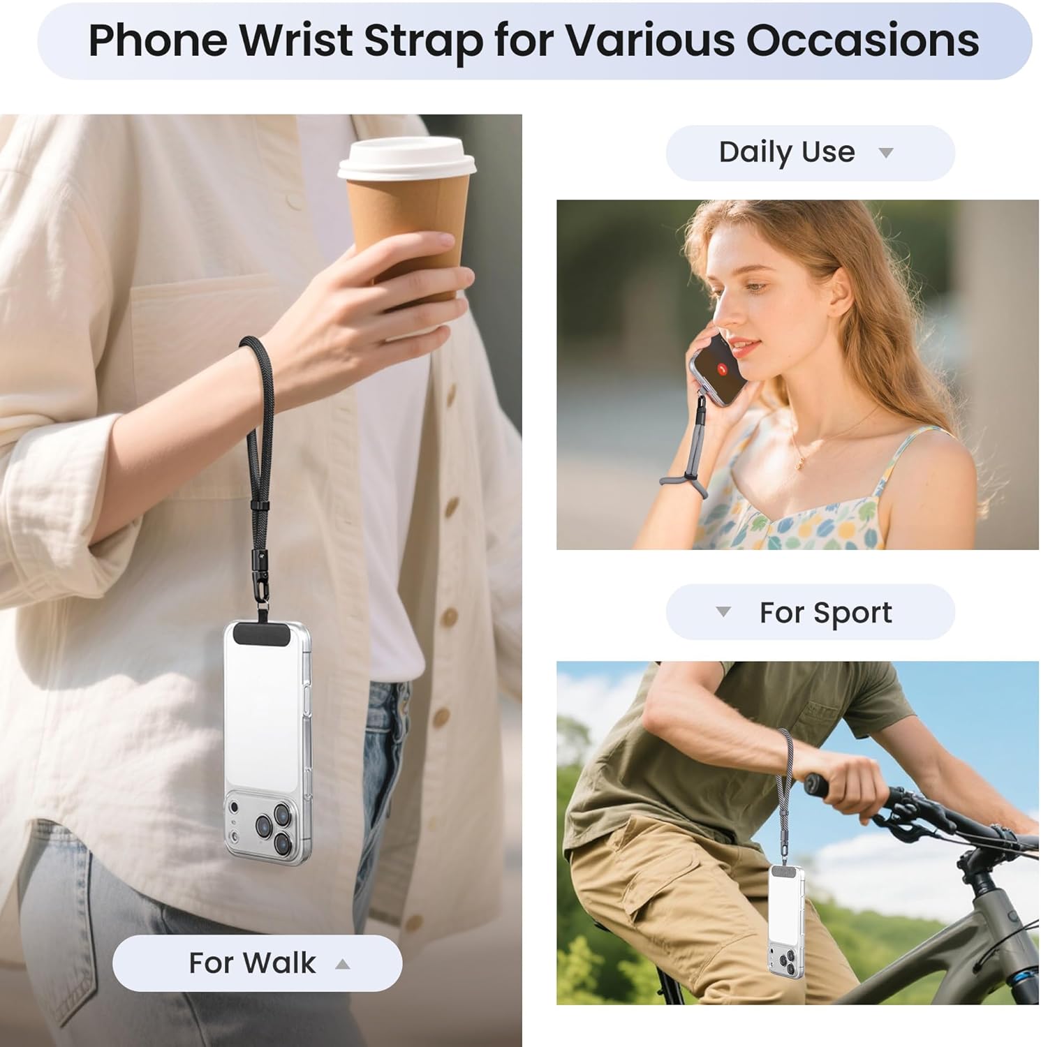 takyu Phone Lanyard, 3 Pack Adjustable Phone Wrist Strap Chain with Tether Tabs, 360°Rotating Wristlet Keychain Strap without Tangles for Cellphone Case Keys Women Men, Black, Dark Gray, Black-gray - Image 2