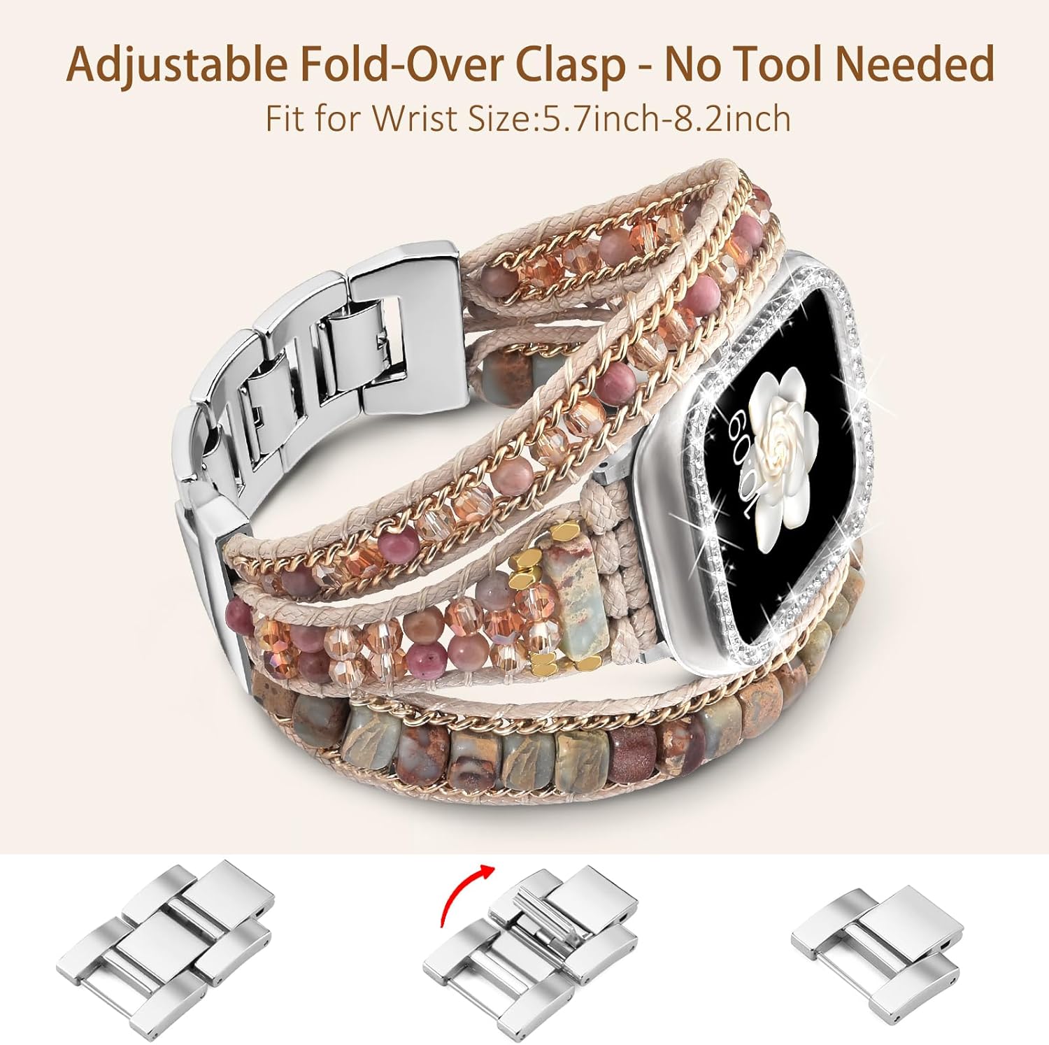 Boho Beaded Bracelets Watch Band Women and Case Compatible with Apple Watch Band 44mm 45mm 41mm 40mm 38mm,Adjustable Stone Wraps Strap for iWatch Series 9 8 7 6 5 4 3 2 1 SE