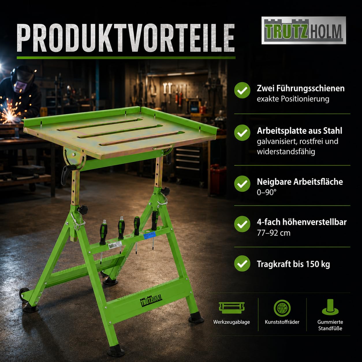 TRUTZHOLM mobiler Schweißtisch klappbar höhenverstellbar von 77-92 cm, 150 Kg, große Arbeitsplatte, stufenlose Neigung bis 90° Profi Werktisch Werkbank mit Rädern und Tragegriff, platzsparend