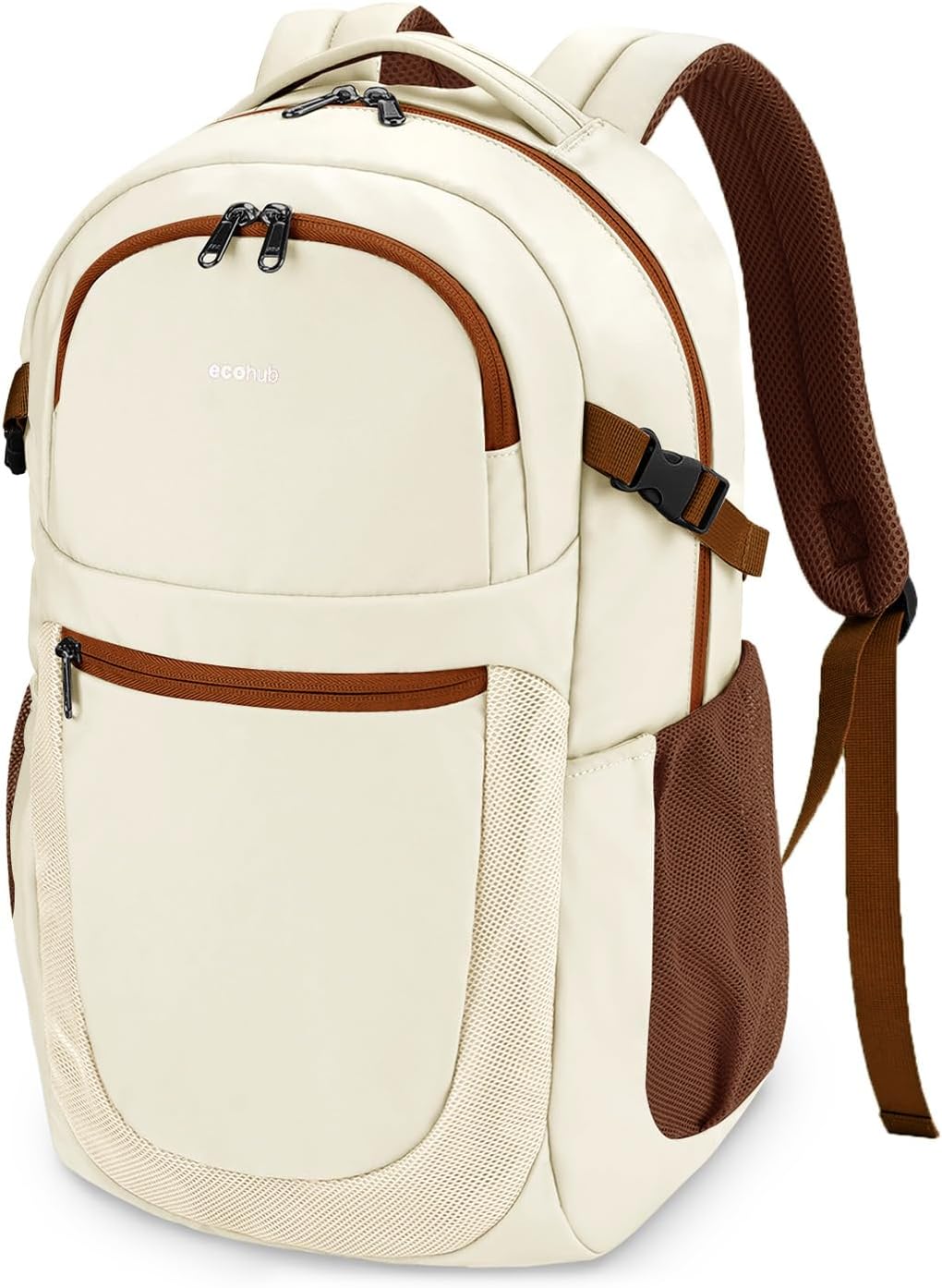ECOHUB Travel Backpack for Women, 17.3 inch Suspended Laptop Backpack, Fashion Water-Resistant College Computer Bookbag, 28L Personal Item Bag with 12 Pockets for Causal, Work, Cream & Brown
