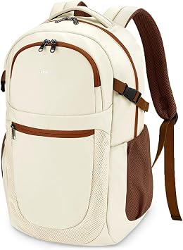 ECOHUB Travel Backpack for Women, 17.3 inch Suspended Laptop Backpack, Fashion Water-Resistant 28L Personal Item Bag with 12 Pockets for Causal, Work, Cream & Brown
