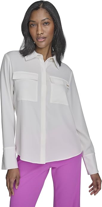 Halston Womens Button Up Blouse with Pockets