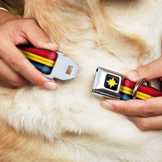 Foto 2 de 8 de Collar de Perro Hebilla de cinturón de Seguridad Capitán Marvel Stripe Rojo Oro Azul 9 a 15 Pulgadas de Ancho…