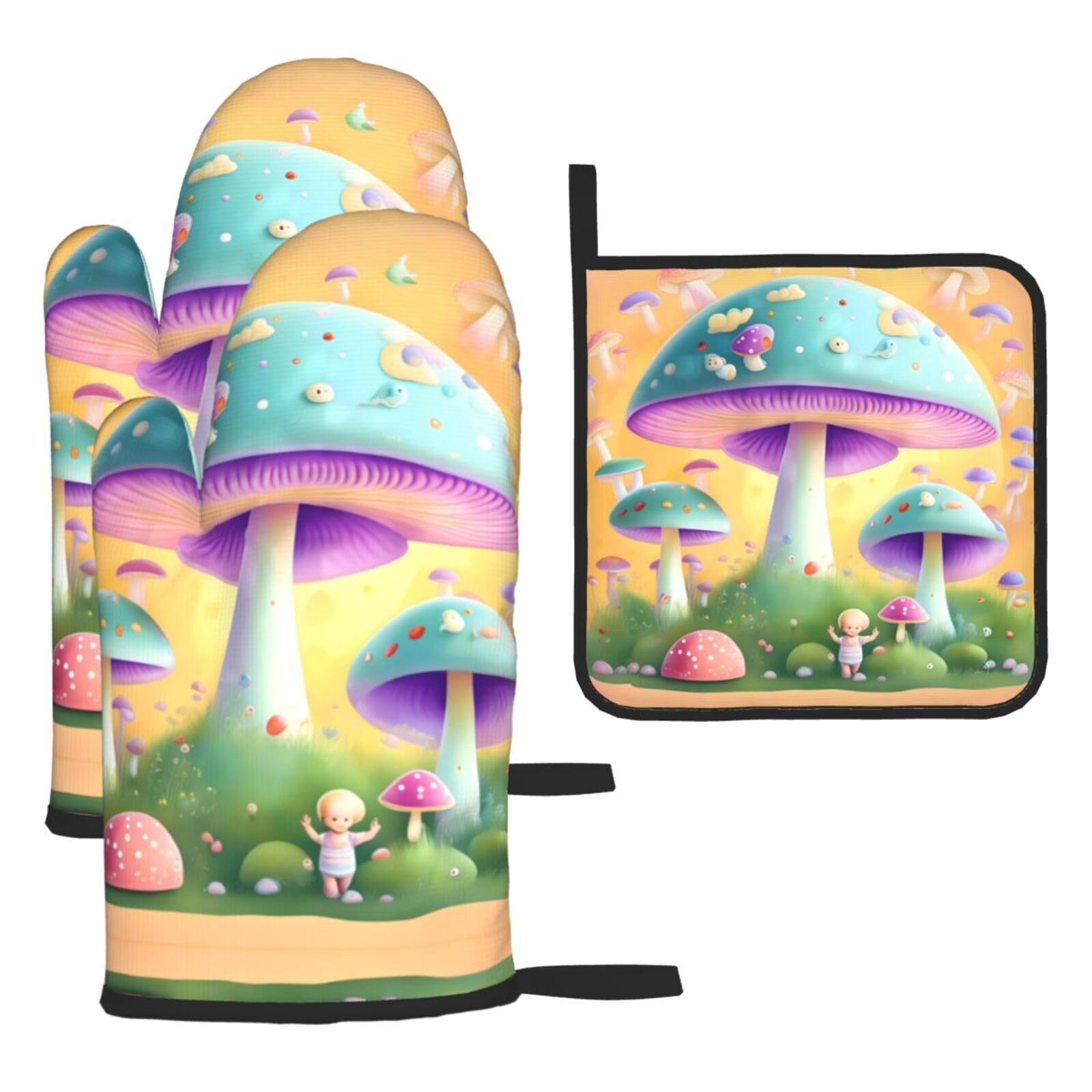 Fantasy Mushroom Oven mittens and oven mitts three-piece set suitable for oven, grilling, baking, microwave and home cooking.