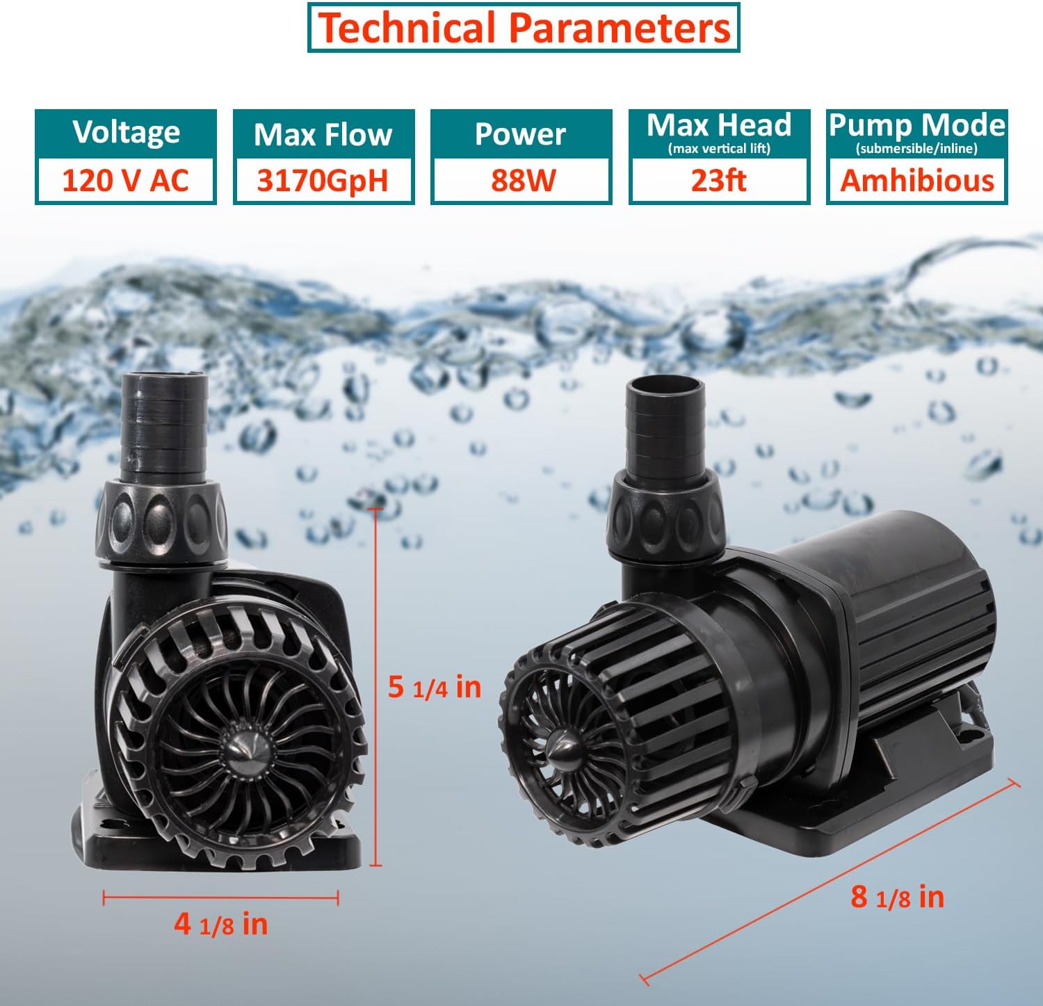 Aqua Dream 3170 GPH Submersible Pump(12000L/H,88W) ECO Amphibious Internal External Fountain Aquarium Sump with Digital Controller Water Pump for Pond,Fish Tank,Fountain,Hydroponics,Statuary - 1Pc