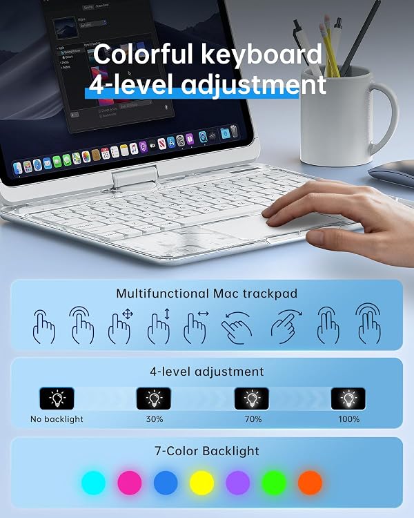 Auupgo Wireless Keyboard Case for iPad 9th (7th, 8th, and 9th Gen) 10.2 Inch, Transparent Protective Cover with 7-Color Backlit Keyboard, 360° Rotating Stand, Multi-Touch Trackpad and Pencil Holder by Auupgo - Used condition - Image 2