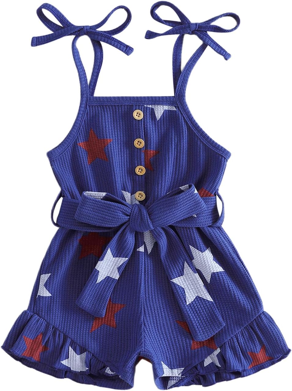 4th of July Outfit Toddler Girl Stars Flag Tie-Up Romper Overall Shorts Little Girls Fourth of July Outfits