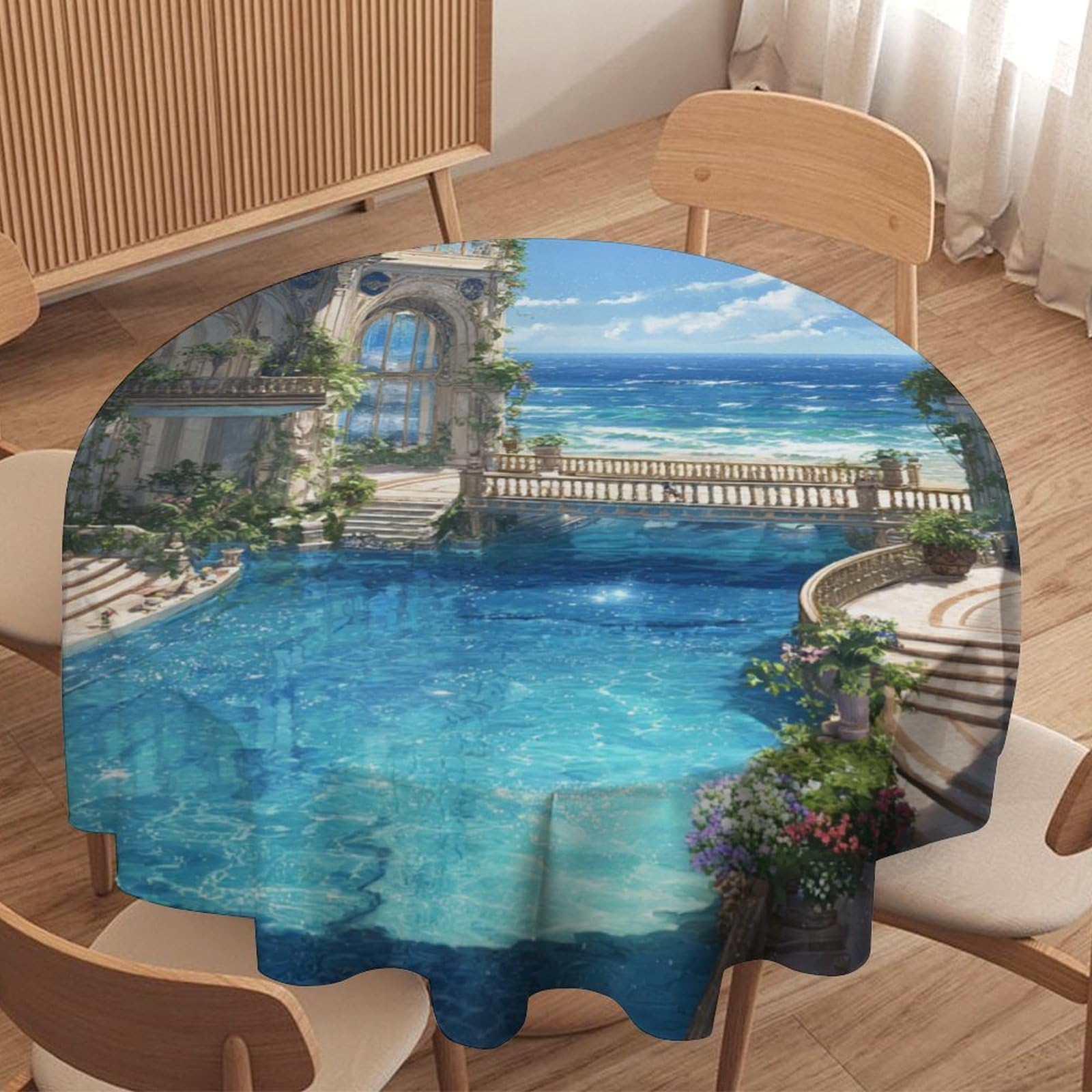 LUYYSKY Modern Watercolor Ocean Seaside Waterproof Round Tablecloth Romantic Realistic Nautical European Architecture Pattern Washable Table Cover for Kitchen-127 Wx127 L cm