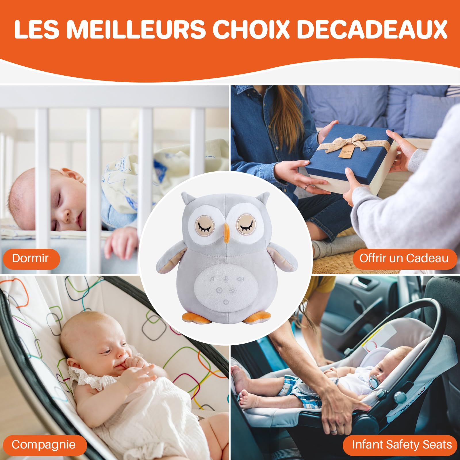 FUNYKICH Peluche Hibou Apaisante Hochets Apaisants avec Bruit Blanc pour Bébé Jouet Musical Lumineux pour Nourrissons Veilleuse Peluche Lavable en Machine avec Partie Détachable
