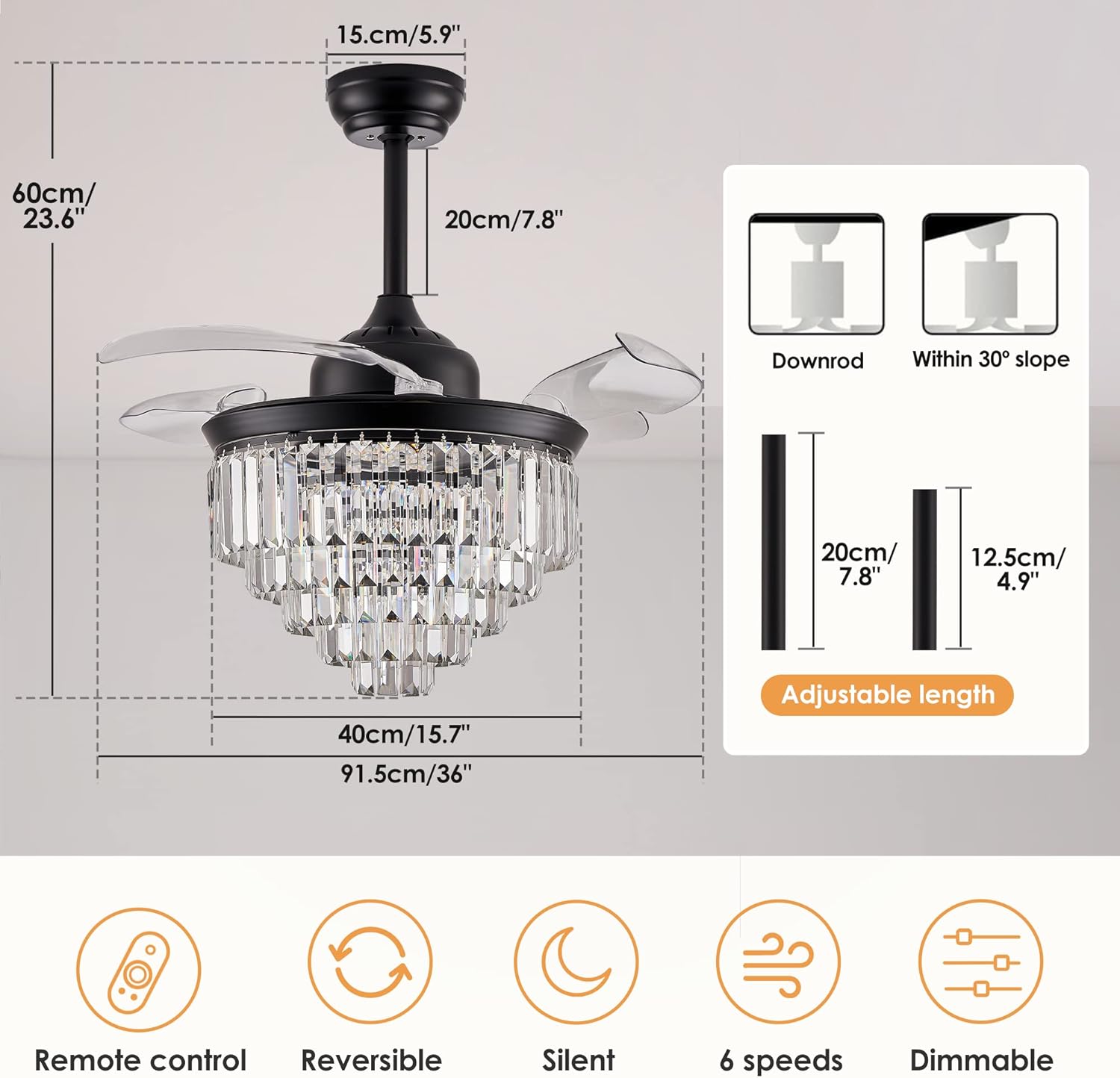 Finktonglan 36" Black Crystal Flush Mount Fandelier Ceiling Fan with Light, Retractable Blades, Dimmable 72W LED, Remote & App Control, Quiet Reversible Motor, 6 Speeds for Bedroom/Living Room