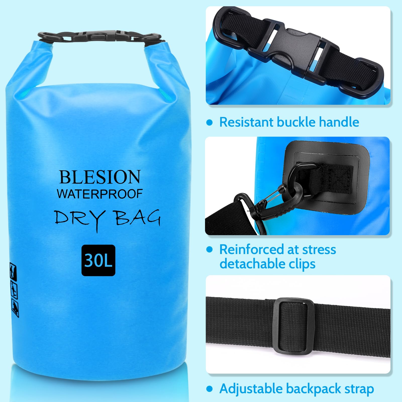 BLESION Dry Bag 5L/10L/15L/20L/30L wasserdichte Tasche Verstellbarer Schultergurt, Wasserdichter Rucksack für Kajakfahren, Angeln, Schwimmen, Wandern Reisen