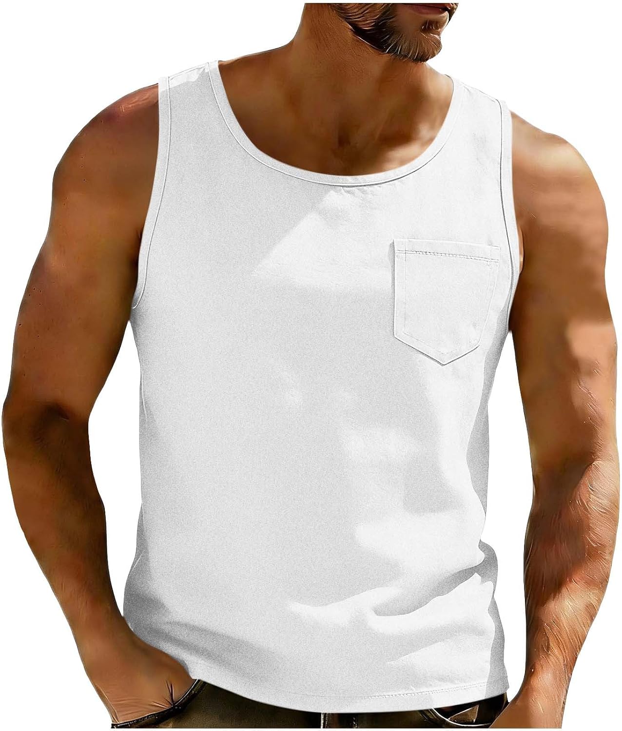 Mens Tank Vintage Sleeveless Shirts Sports Faux Denim Shirts Summer Casual Tank Solid Beach Tops with Chest Pocket
