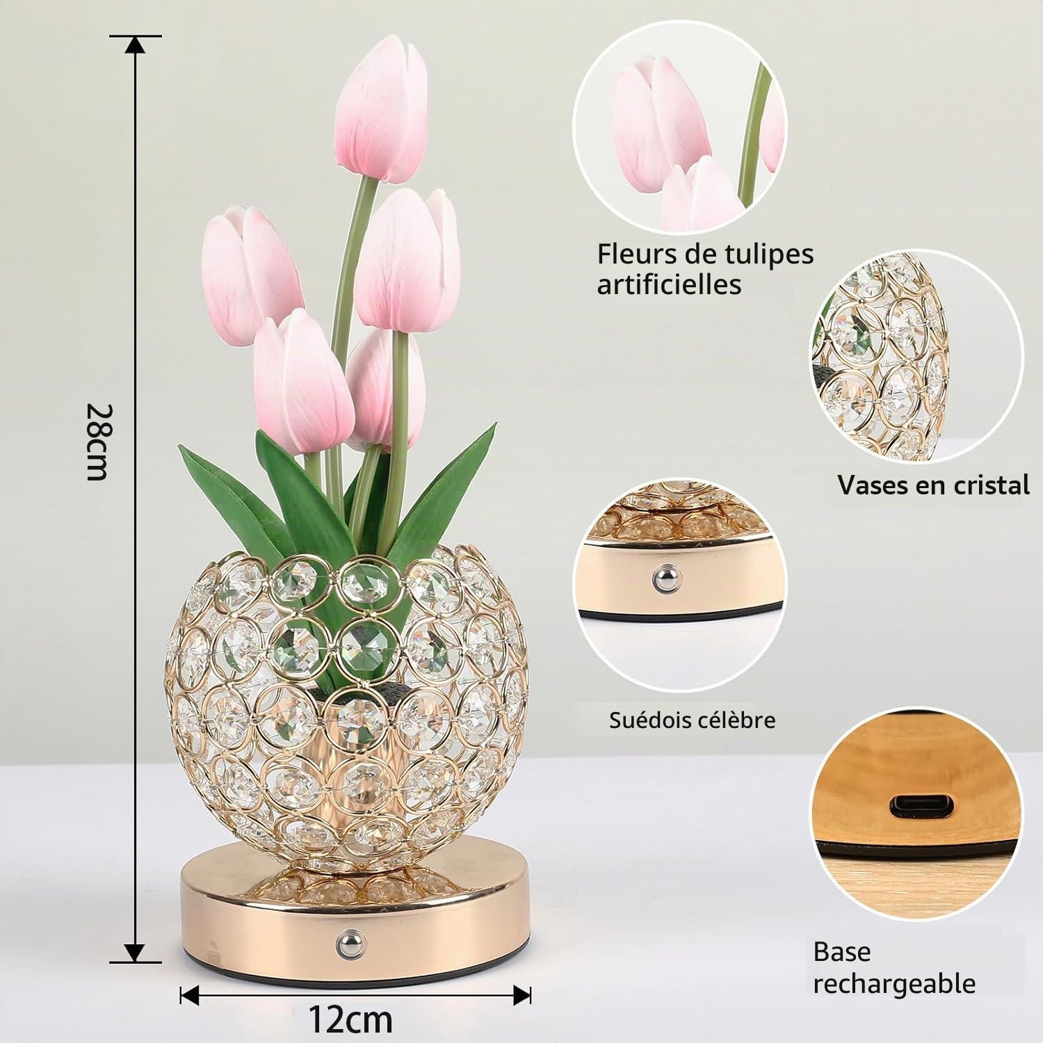 Cadeaux d'anniversaire pour femme - Lampe de table à batterie - 3 couleurs - Fleur de cristal - Intensité variable à l'infini - Avec charge USB - Petite veilleuse - Lampe de chevet tactile pour