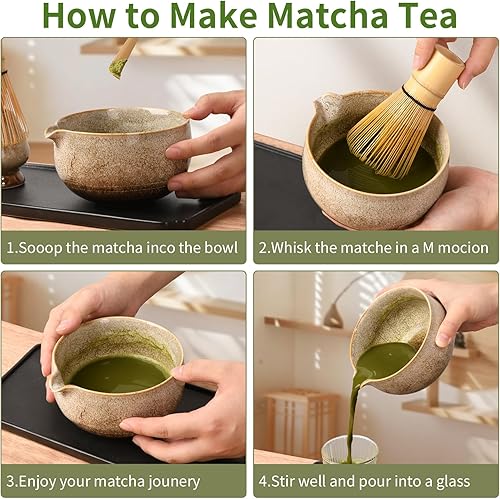 Miniatura 3 de Juego de té matcha japonés, cuenco de cerámica con boquilla, incluye soporte para batidor de cerámica hecho a mano, batidor de matcha (Chasen) y