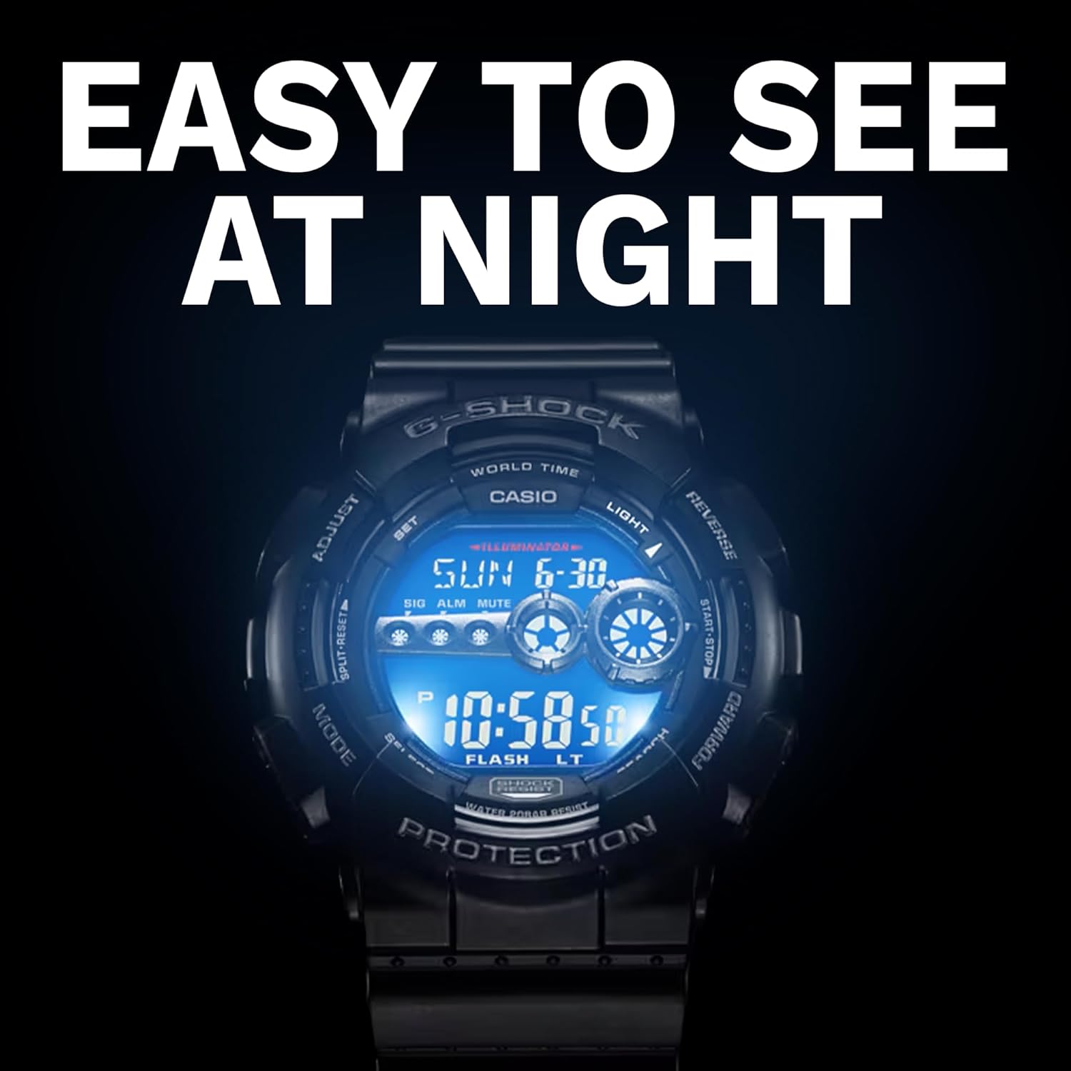 Wyświetlacz zegarka G-Shock podświetlany w nocy diodami LED