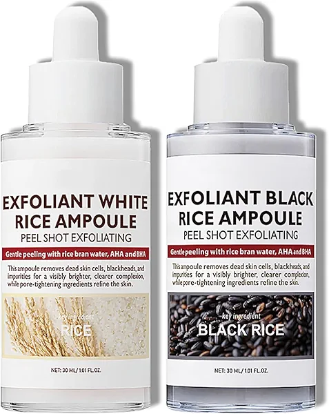 2PCS Peel Shot Glow Rice Ampoule Duo, Rice Exfoliating Ampoule Set, Black and White Rice Exfoliant, Rice Ampoule Duo Exfoliating Solution, Gentle Peel + Pore Minimizing & Deep Hydration for All Types