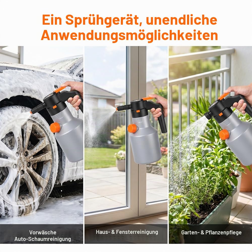 Elektrische Hochdruck-Schaumpistole mit XXL-Tank & Langer Akkulaufzeit, Elektrischer Schaumsprüher Auto 2L, Tragbare Schaumpistole Autowäsche & Foam Sprayer für Auto, Haushalt & Küche (Grau)