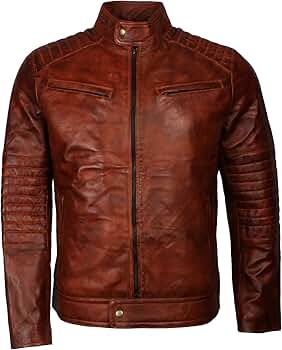 New Mens Brown Casual Biker Leather Jacket with Standup