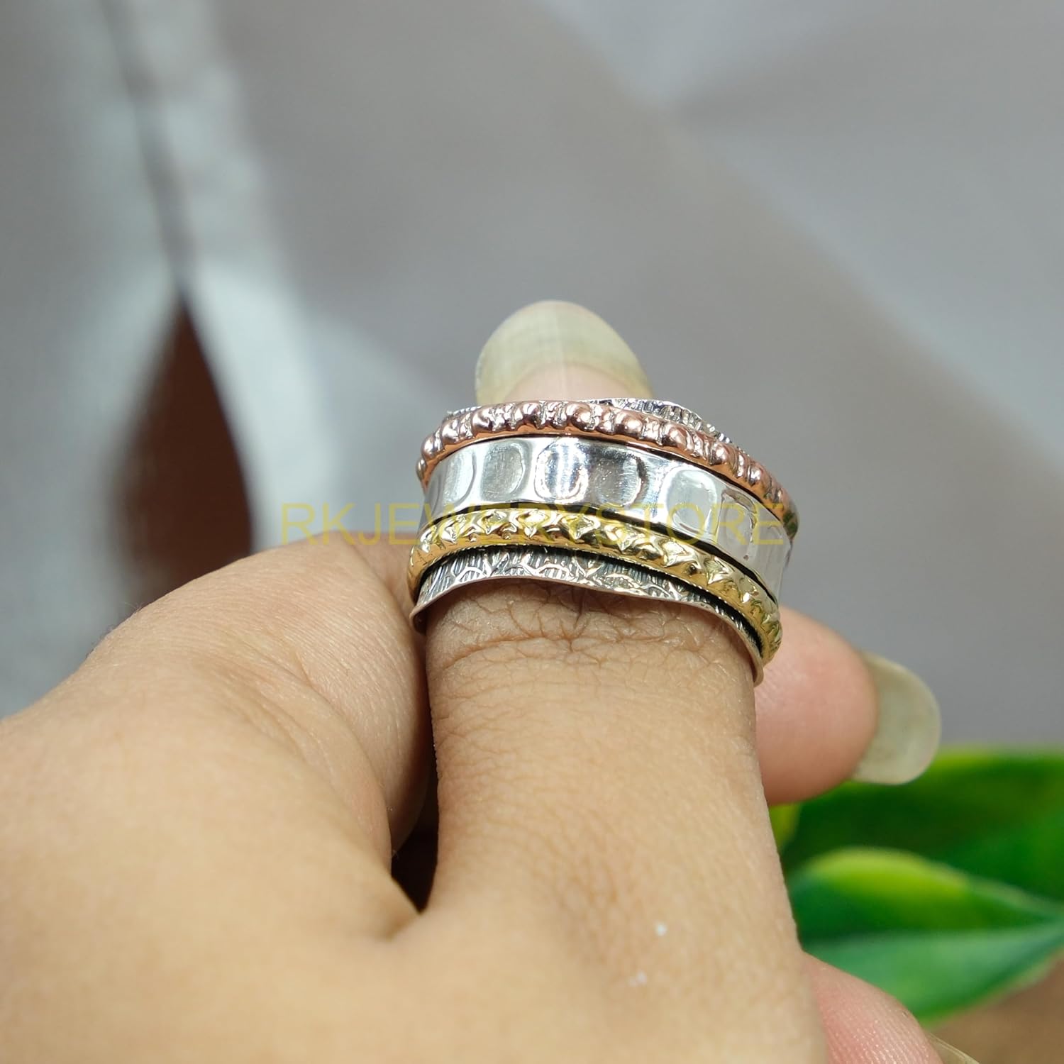 Handmade 925 Sterling Silver, Brass and Copper Spinner Thumb Band Anxiety Fidget Meditation Spinning Ring Gift Jewelry