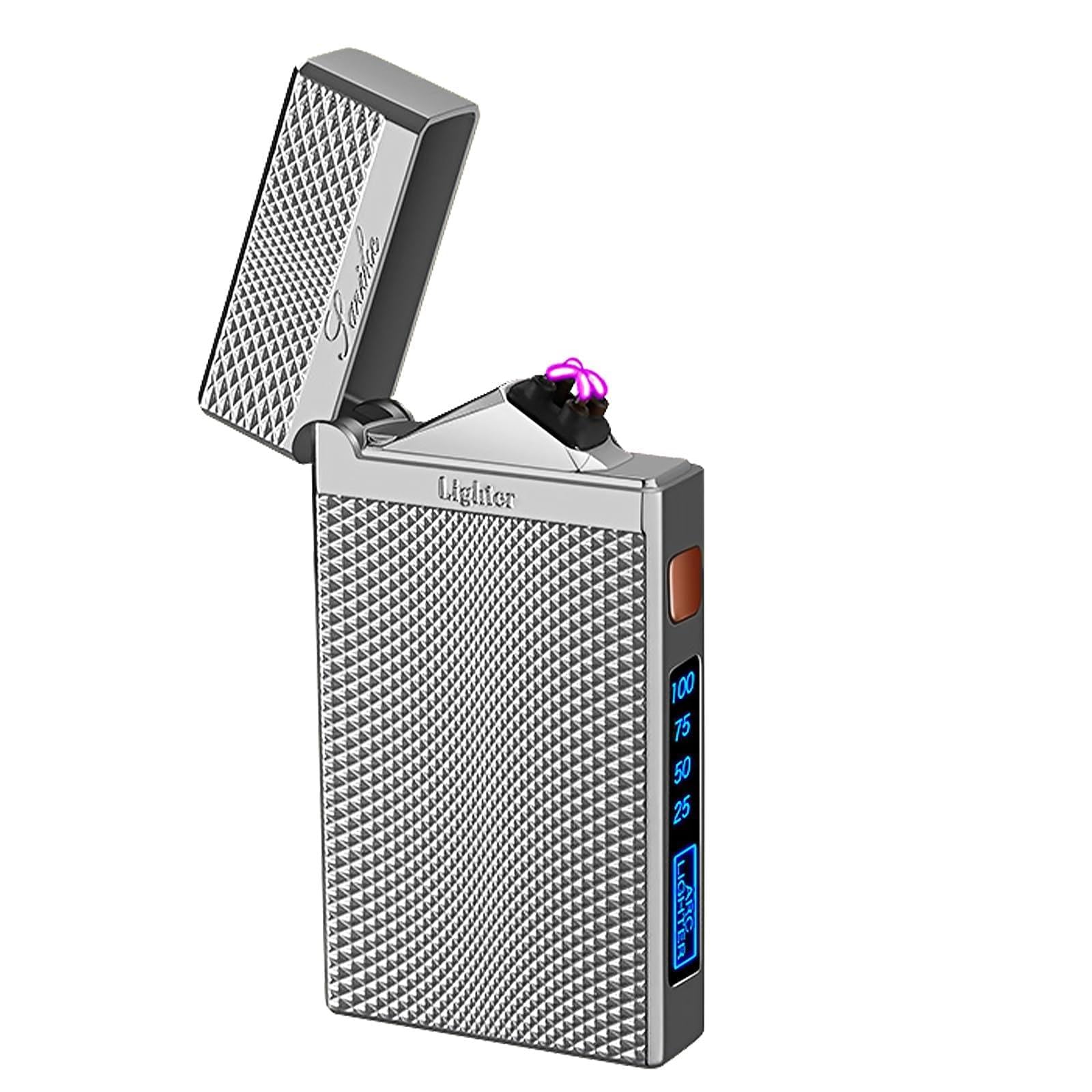 Elektrisches Feuerzeug USB Wiederaufladbar, Plasma Lichtbogen Sturmfest mit Akkuanzeige, Leichtes Metall-Stabfeuerzeug für Alltag, Reise, Kerzen & Grill(Karomuster Silber)