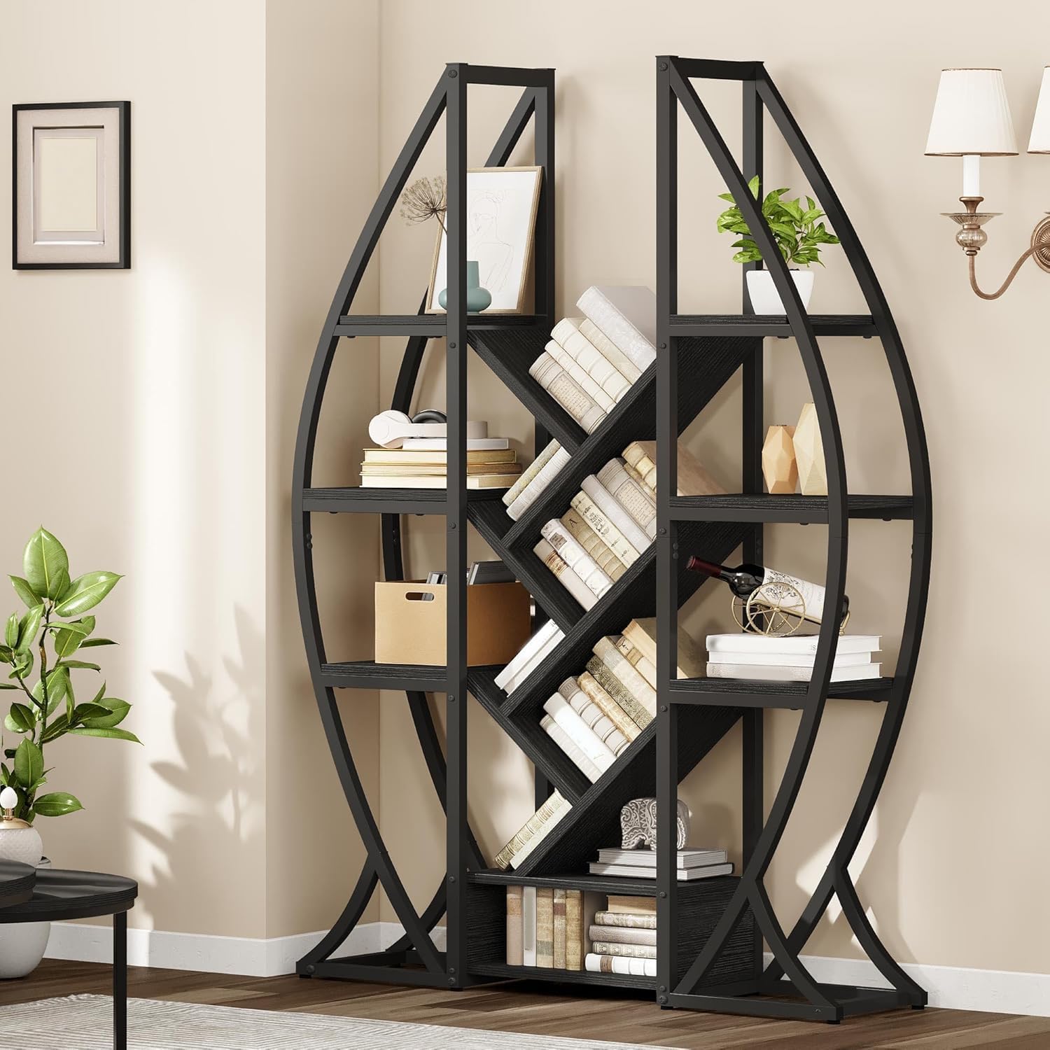 DWVO Oval Bookshelf, Triple Wide 5 Tier Etagere Bookcase, Industrial Display Shelves for Living Room, Bedroom, Home Office, Black