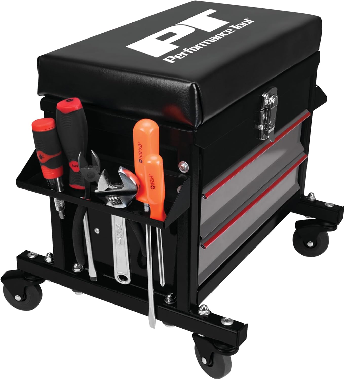 Performance Tool W85024 Drawer Creeper Rolling Work Seat with Tool Box for Mechanic Garages and Workshops, Black, 16x9-inch Seat