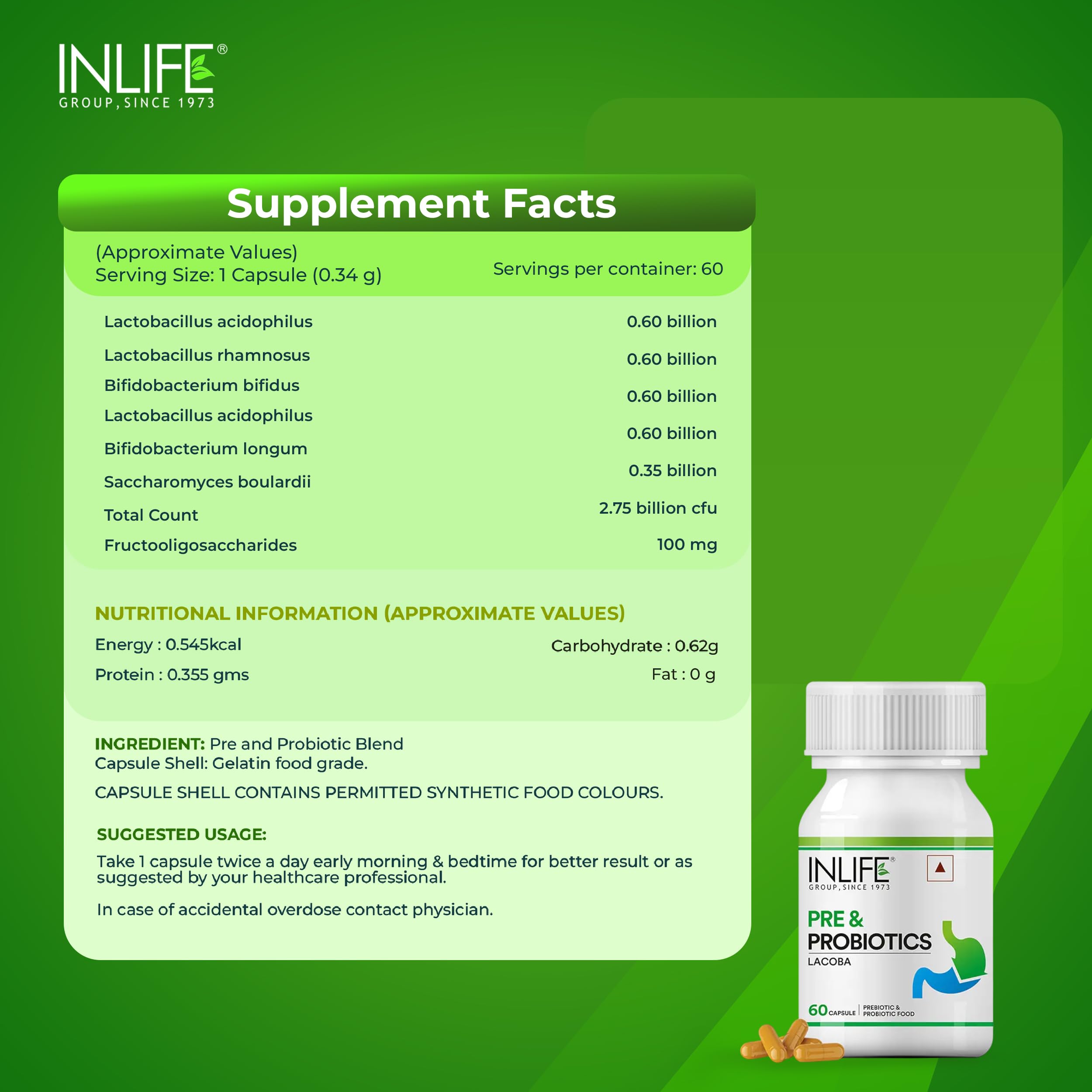 INLIFE Prebiotic and Probiotic Supplement with FOS, 60 Capsules — Amazon image 2