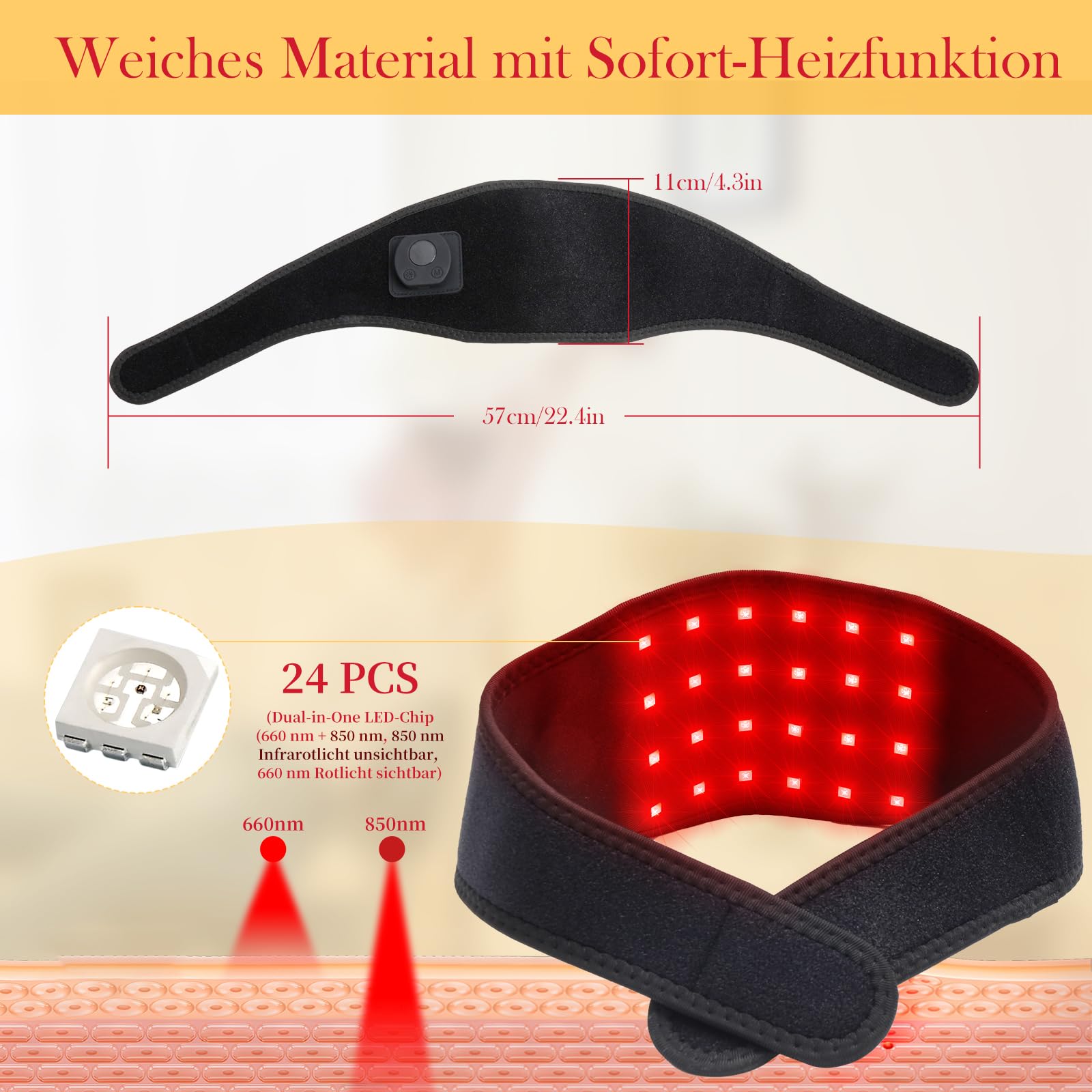 Rotlicht-Gürtel für Nacken,4 Helligkeitsstufen,Duale Wellenlaengen 660nm & 850nm Infrarotlampe,4 Modi für für Körper, Arm, Handgelenk, Knöchel
