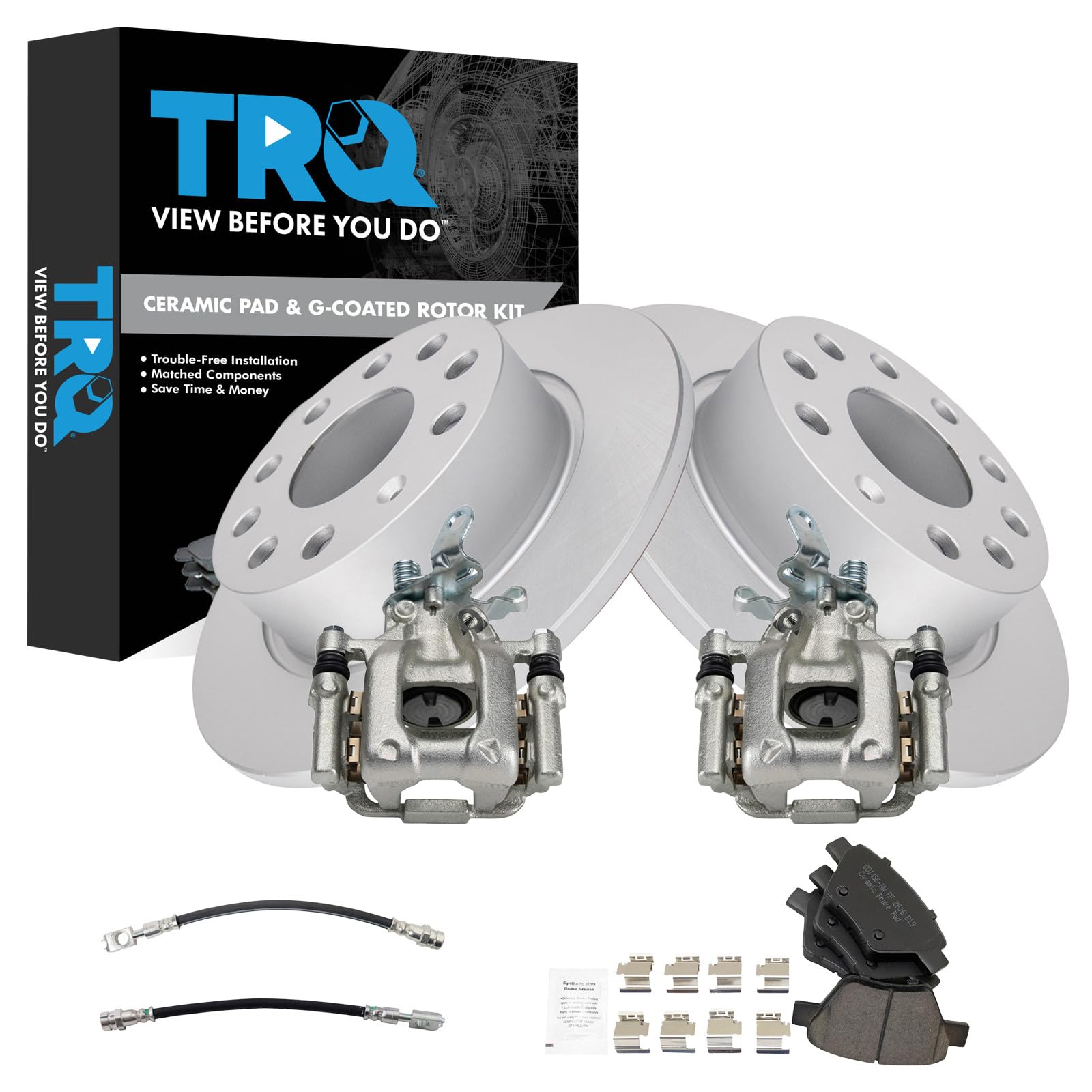 TRQ Rear Brake Pad and Rotor Set Ceramic Coated Rotors Calipers Compatible with 2011-2013 Audi A3 2013 Volkswagen Beetle GTI 2012-2013 Jetta