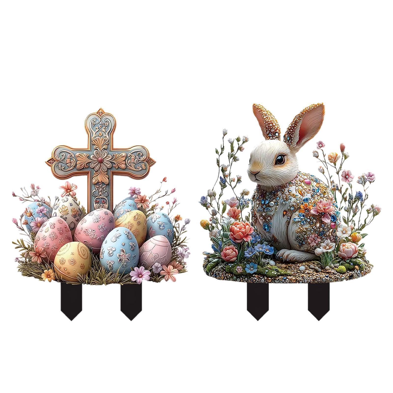 UJEAVETTE Easter Yard Sign Waterproof Acrylic Garden Stake for Flowerbeds Path Walkway 1x Cross 1x Rabbit-image-31