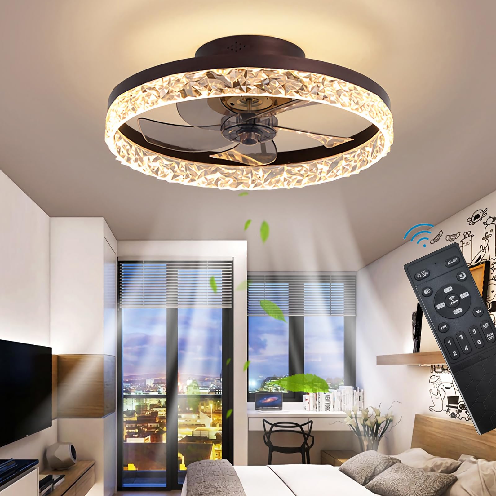 Quiet Ceiling Fans with Lights Remote Control, Modern Lighting Fan Ceiling Light LED Dimmable Ceiling Fan Lamps for Bedroom Living Room, Fan Reversible and 6 Speeds (Brown, 50CM)