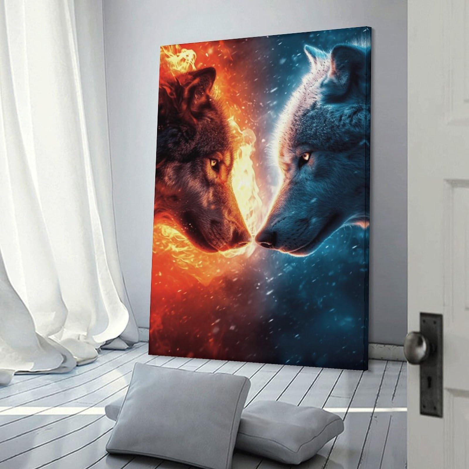Junmoney Frame-Style-24 Fire Vs. Ice Wolves Art Print Canvas Wall Art 24X36inch(60X90cm), For Workspace Walls, Study Corners Or Bedrooms, Wall Art That Adds Style To Work Areas