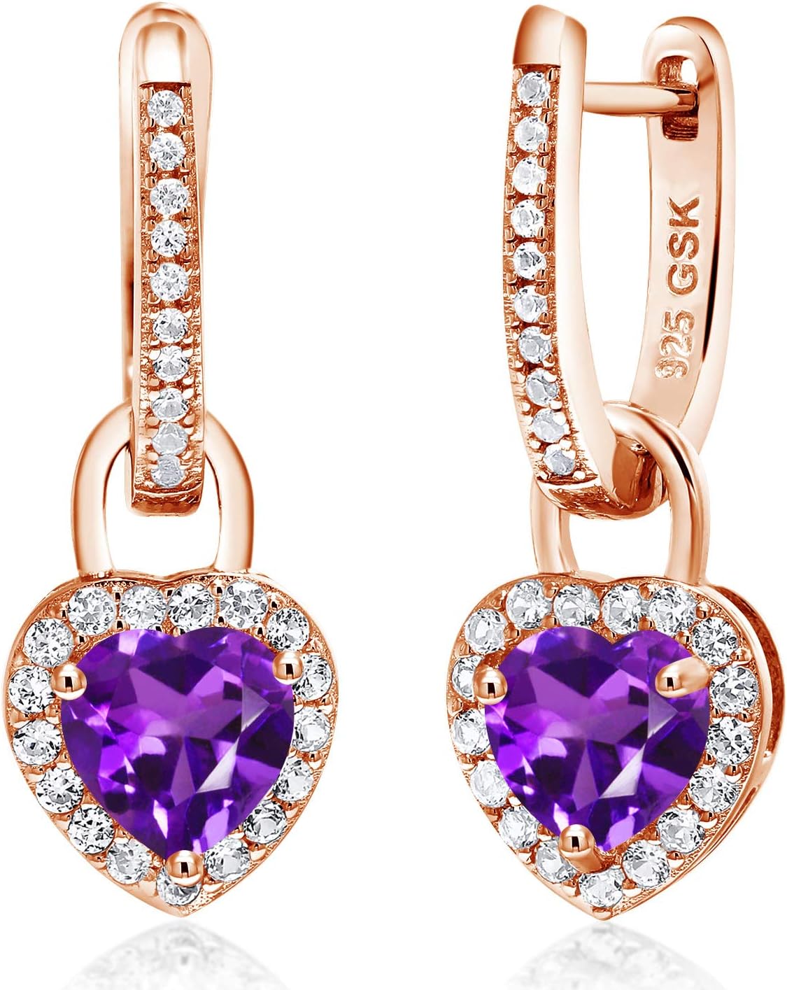 Gem Stone King 18K Rose Gold Plated Silver Heart Gemstone Birthstone and White Created Sapphire Earrings | Heart Shape 6MM | Drop Dangle Earrings for Women