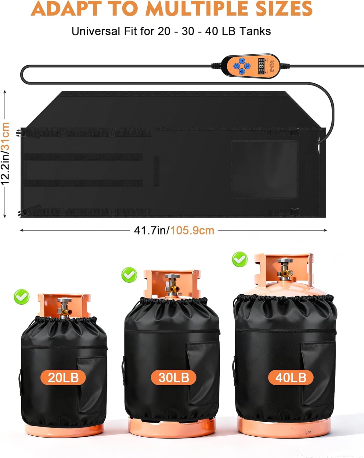 Propane Tank Heater Blanket with Thermostat & Timer – 80W Adjustable LP Cylinder Warmer, Fits 20-30-40 LB Gas Tanks, 41.7x12.2in, 41–122°F, for Outdoor & Industrial Use