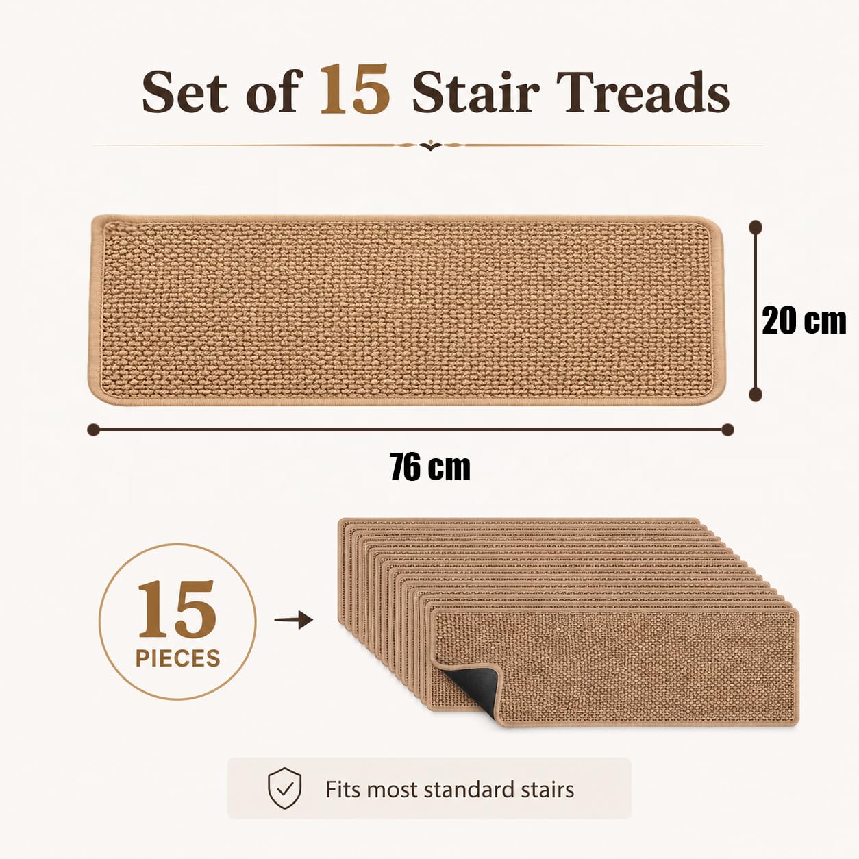 15 tappetini per scale in legno, antiscivolo, per scale con retro in gomma, lavabili per bambini, cani, animali domestici, 76 x 20 cm, beige