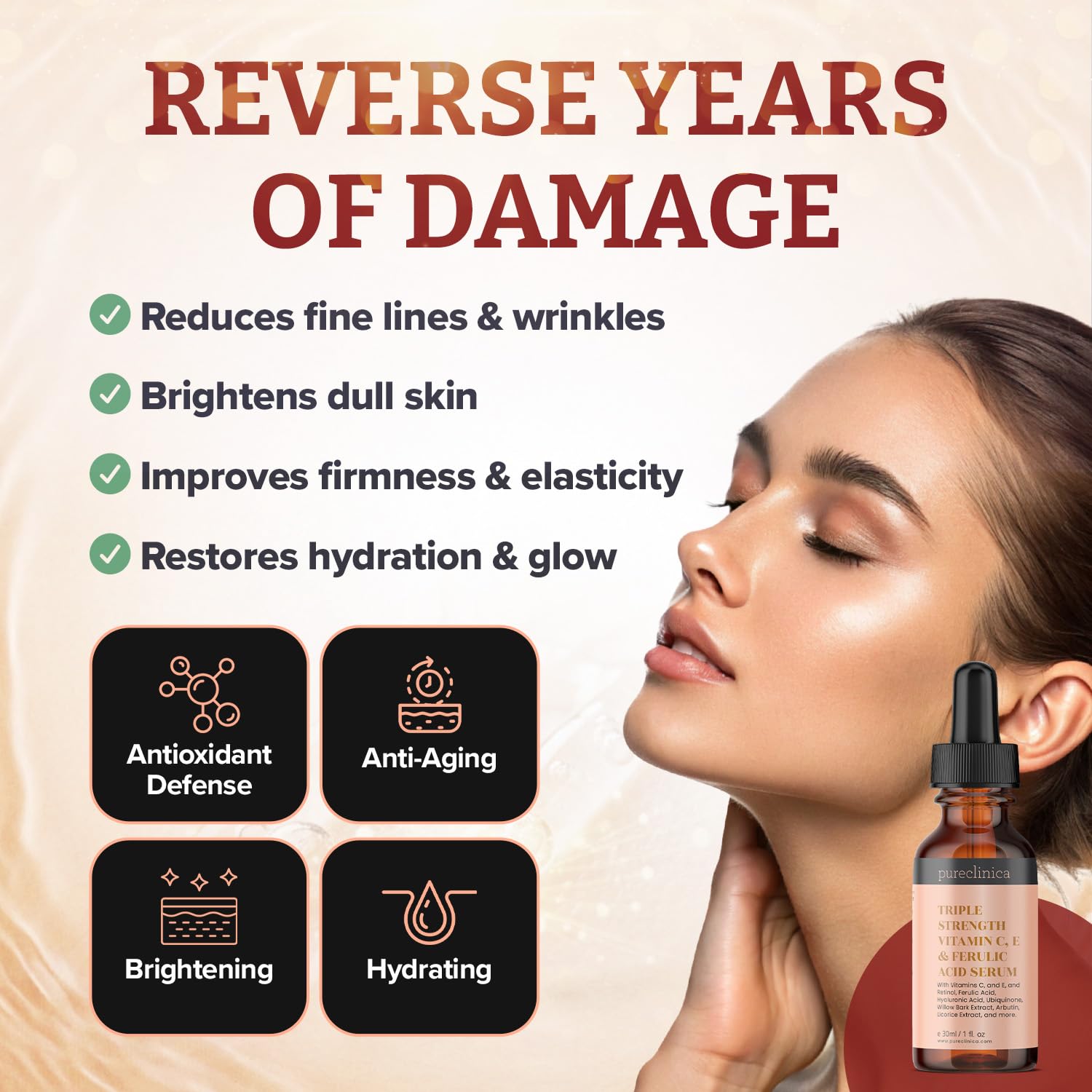 4 butelki potrójnie silnej witaminy C, E i kwas ferulowy serum (z retinolem i podwójnym kwasem hialuronowym) - 30 ml - pureclinica - SKU: VCEFASER30x4