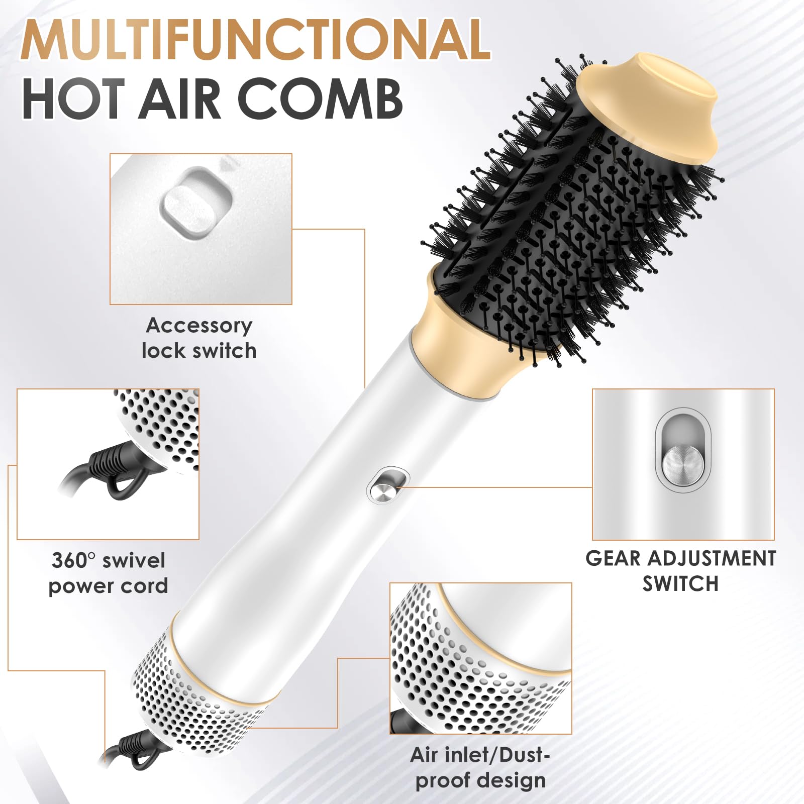 Cepillo de Aire Caliente, Air Styler 5 en 1, Cepillo Alisador Pelo, Cepillo Secador de Pelo, 5 Cabezales Intercambiables, 3 Temperaturas, Peinados Rápidos, para Seca Alisa (Oro blanco)