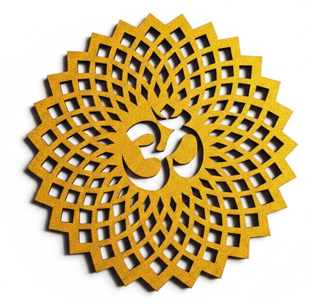 My Dream Carts 20x20 cm Golden Om Round Decorative Wall Art Mdf Wooden Om Chakra For Temple, Living Room, Bedroom, Office, Hotel, Home Decor Items, Gift Item, Mandala Wall Hanging For House Decoration