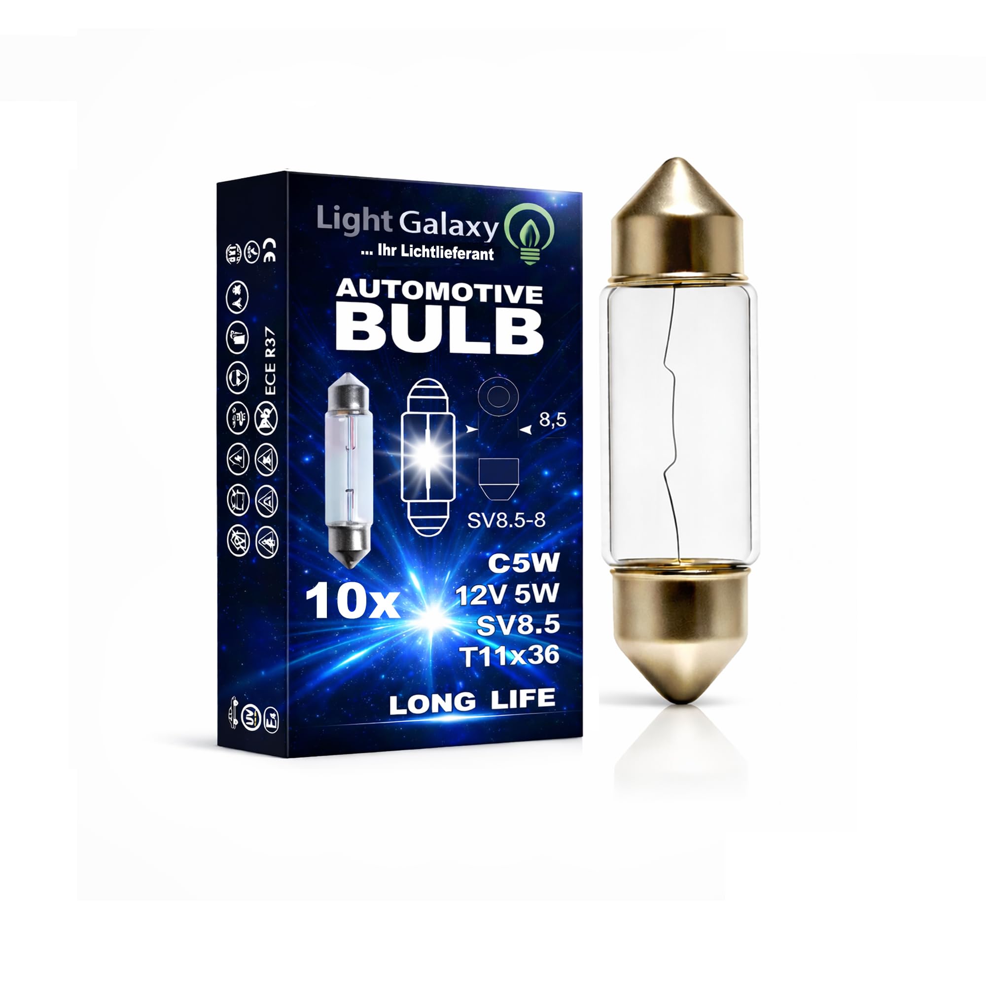 Light Galaxy ... Ihr Lichtlieferant Soffitte 36mm C5W 12V 5W SV8.5 für Auto Anhänger Innenraum Kennzeichen Kofferraum Beleuchtung – 10er Set